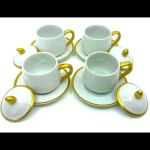 FITZ FLOYD 4 White Gold Espresso Demitasse Custard Desert Cups Lids Saucers RARE